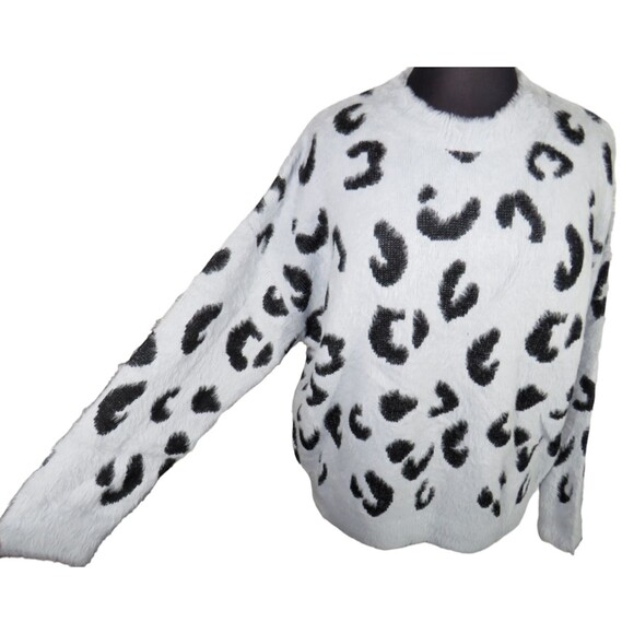 debut Sweaters - Debut Gray Leopard Print Faux Mohair Shaggy Long Sleeve Sweater Plus Size 3X